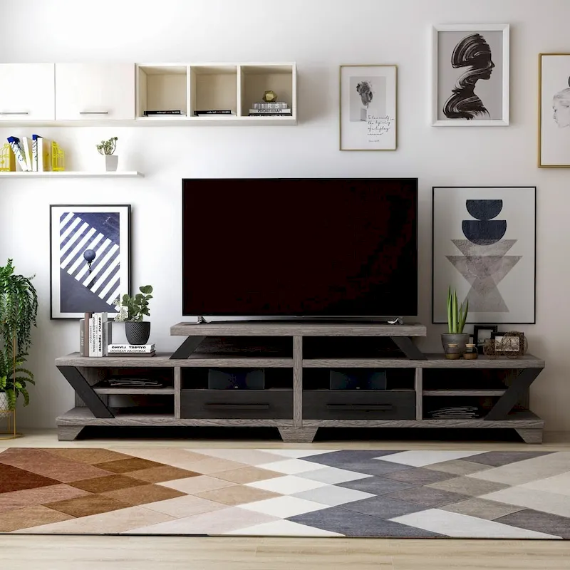 Contemporary Grey 80-Inch 8-Shelf TV Console