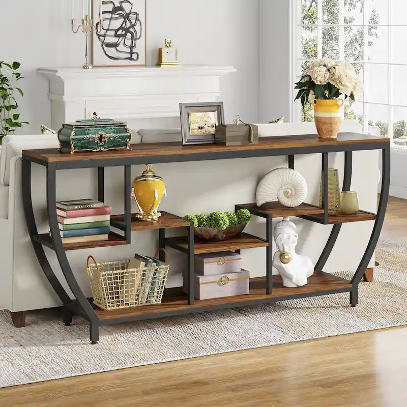 Rustic Brown/Grey/Brown Black Industrial Console Table with 7 Shelves, 1-Person Assembly