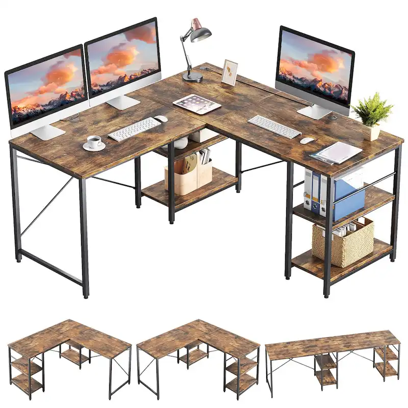 95.2 Inch L Shaped Desk with Shelves Home Office Computer Desk