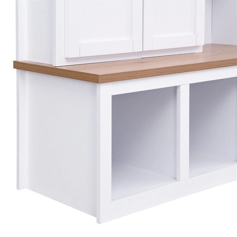 Farmhouse 4-in-1 Hall Tree with Open Display Shelves, Mudroom Shoe Bench with Open Compartments, Entryway Coat Rack with 6 Hooks