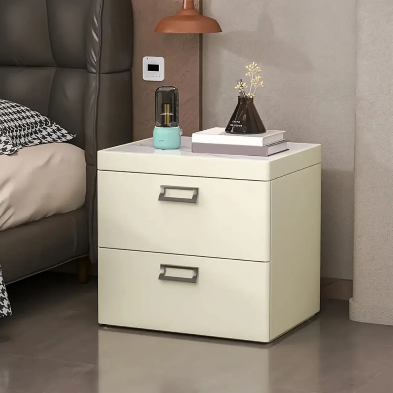 Modern Faux Leather 2 Drawers Nightstand with Stone Top