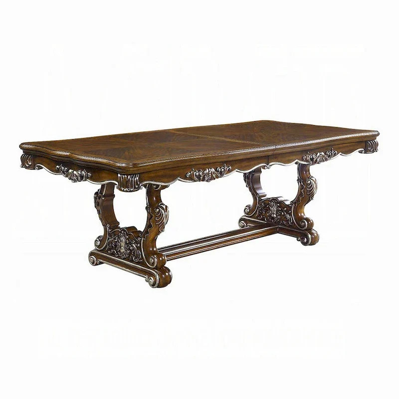 Dining Table, Carved Silver Trim 90-114 Inch Classic Antique Oak