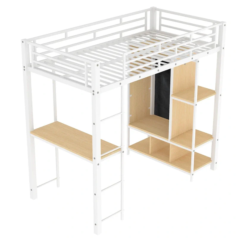 White Twin Metal Loft Bed with Built-in Wardrobe & Desk