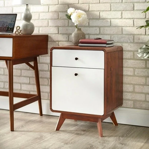 Walnut/White Mid-Century 2-Drawer File Cabinet