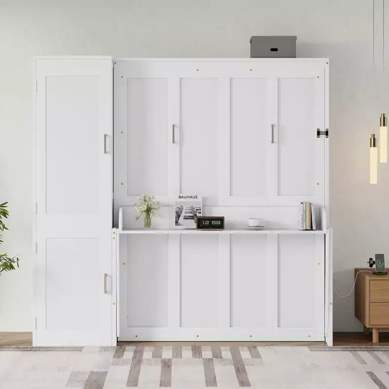Queen Size Murphy Bed with Wardrobe & Desk, Space-Saving Hidden Wall Bed Frame with Charging Station, White - ModernLuxe