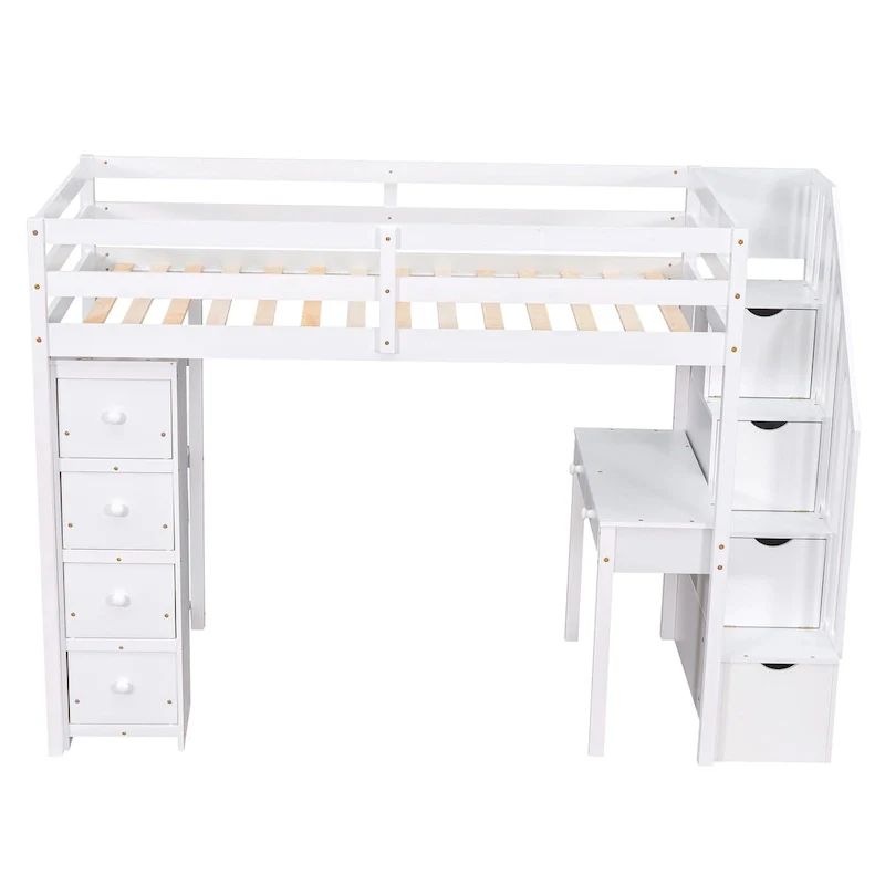 Twin size Loft Bed with Storage Drawers ,Desk and Stairs, Wooden Loft Bed with Shelves