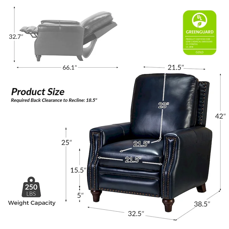 Cigar Mid-century Modern Genuine Leather Recliner with Nailhead Trim Set of 2 by HULALA HOME