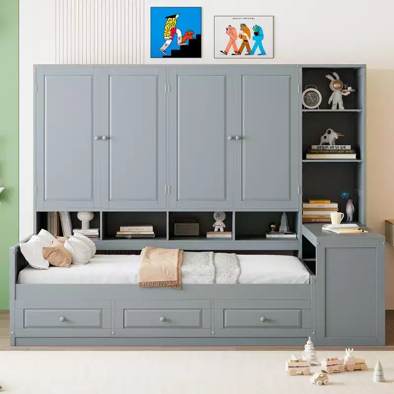 Twin/Full Size Wooden Daybed with All-in-One Desk, Shelves & 3 Drawers, Space-Saving Furniture with 400lb Capacity, White/Gray - ModernLuxe
