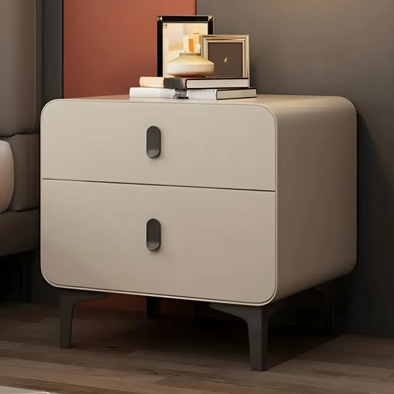 Freestanding Leather Arched Edge White Nightstand with Drawers