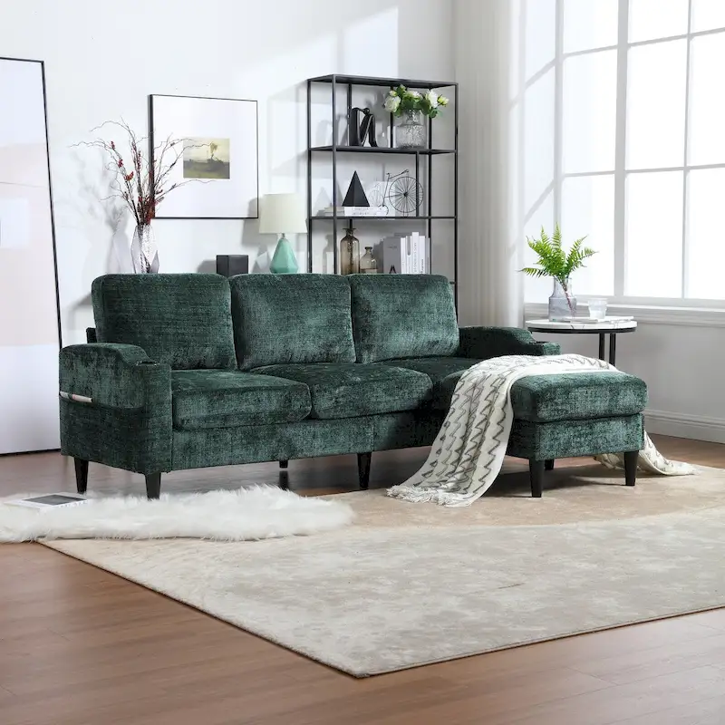 Chenille Sectional Sofa with Storage Ottoman & Cup Holders | Living Room Couch