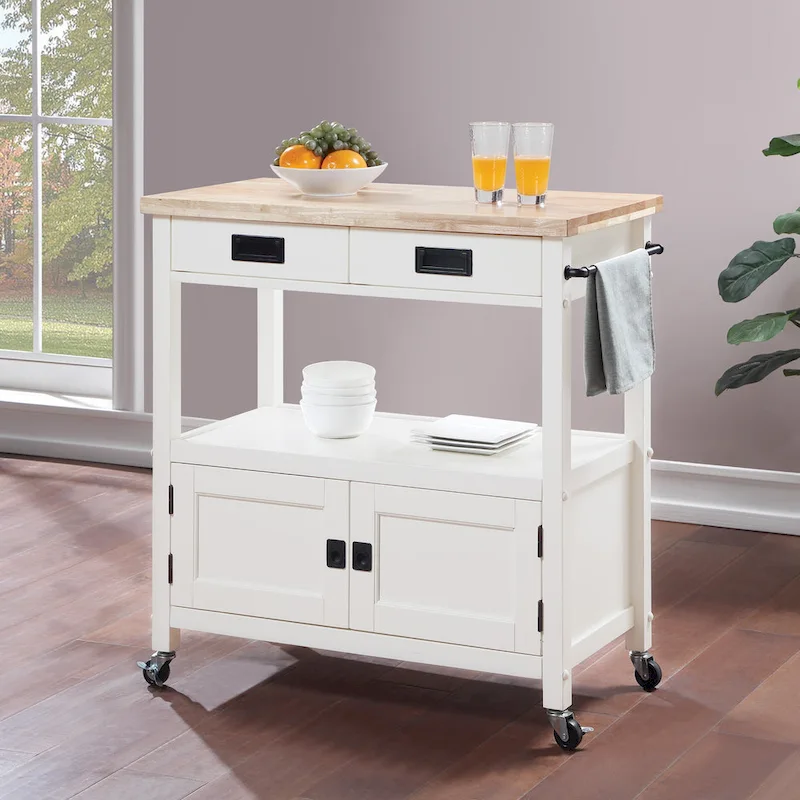 Farmhouse Kitchen Cart with Wood Top, 2 Drawers & Storage Compartments, 34.75