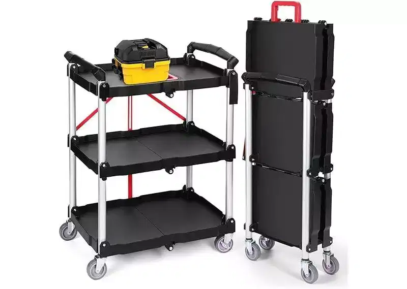 Foldable Utility Cart Heavy Duty 176 LBS Folding Service Cart w/ 360 Swivel Wheels Ergonomic Red Handle