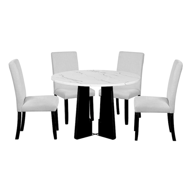 5 Piece Kitchen Table and Chairs Set, 4 People Round Dining Table Set, 4 Upholstered Chairs with Rubber Wood Legs