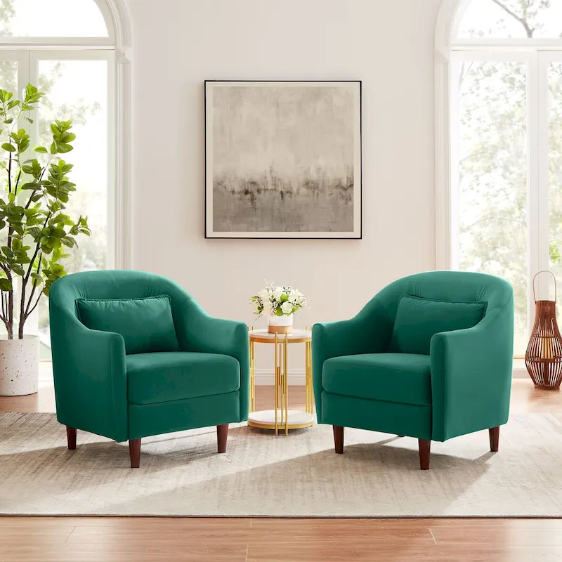 VANOMi 28.34 W Set Of 2 Accent Armchair, Velvet Barrel Chair with Solid Wood Legs