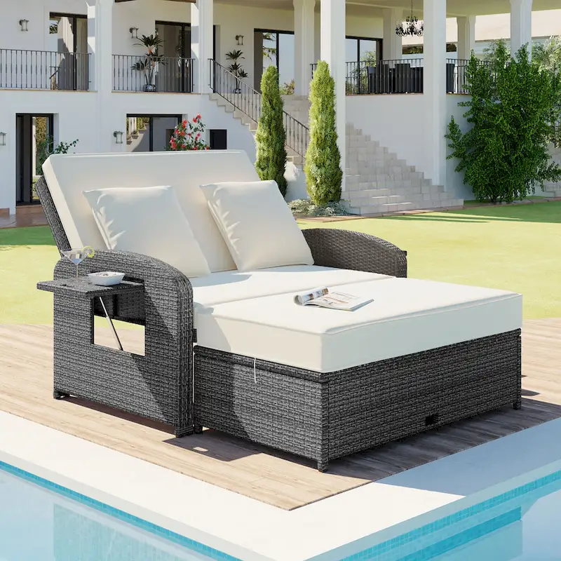 Outdoor PE Wicker Double Chaise Lounge, All Weather Patio Conversations Set, Patio Reclining Chair with Adjustable Back