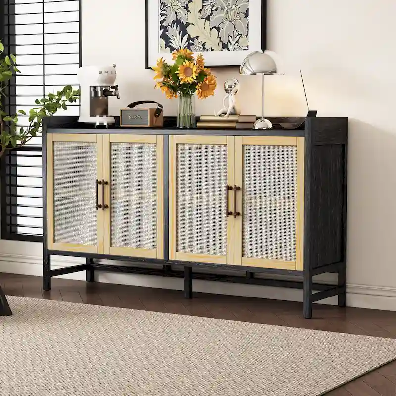 Rattan Door Sideboard Buffet Cabinet - 4 Door Storage Console with Adjustable Shelves for Dining Room Living Room - Natural Wood Finish