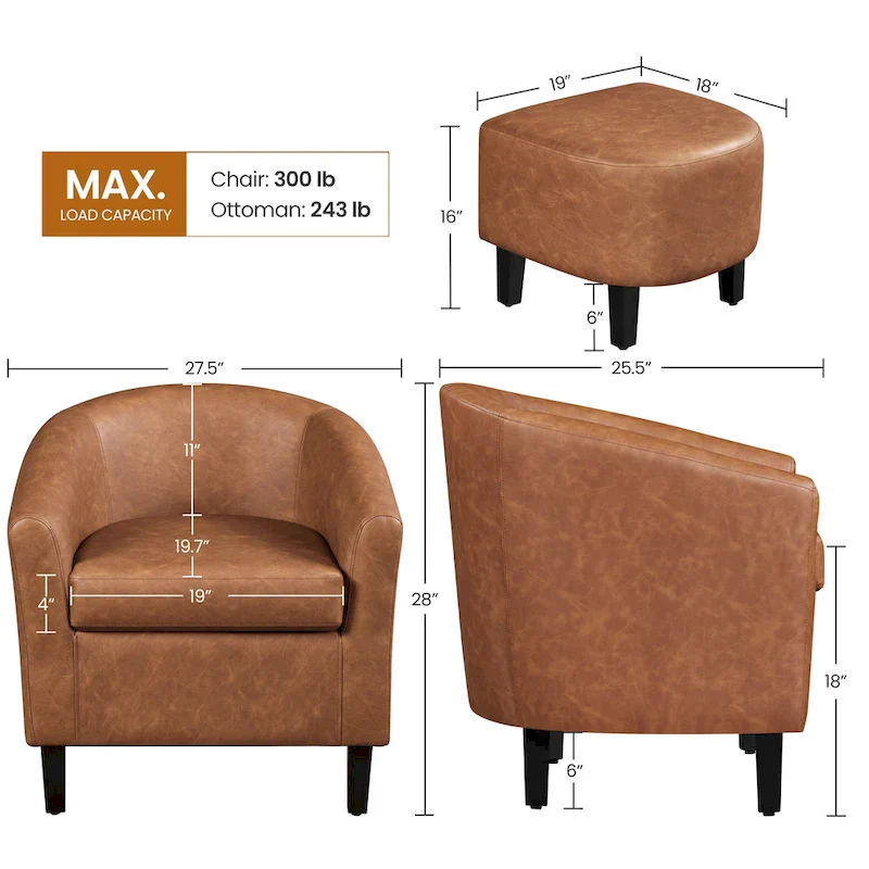 Accent Chair Faux Leather Club Chair and Ottoman Set