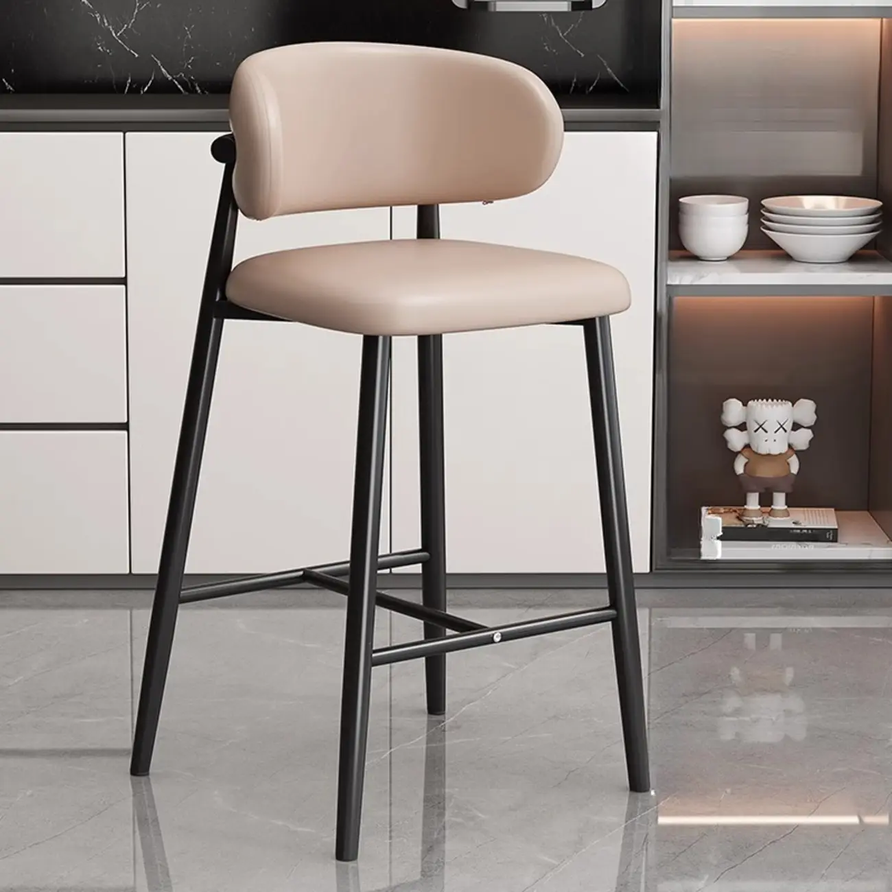 Modern Off-White Leather Curved Back Counter Bar Stools
