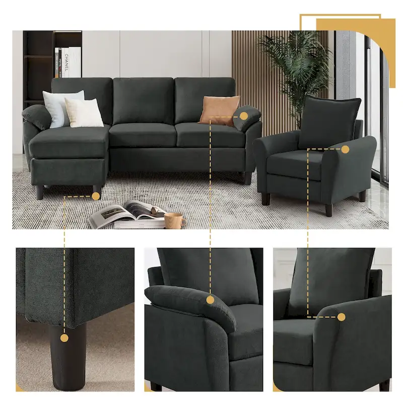 3-Piece Living Room Sectional Sofa Set with Chair and Ottoman