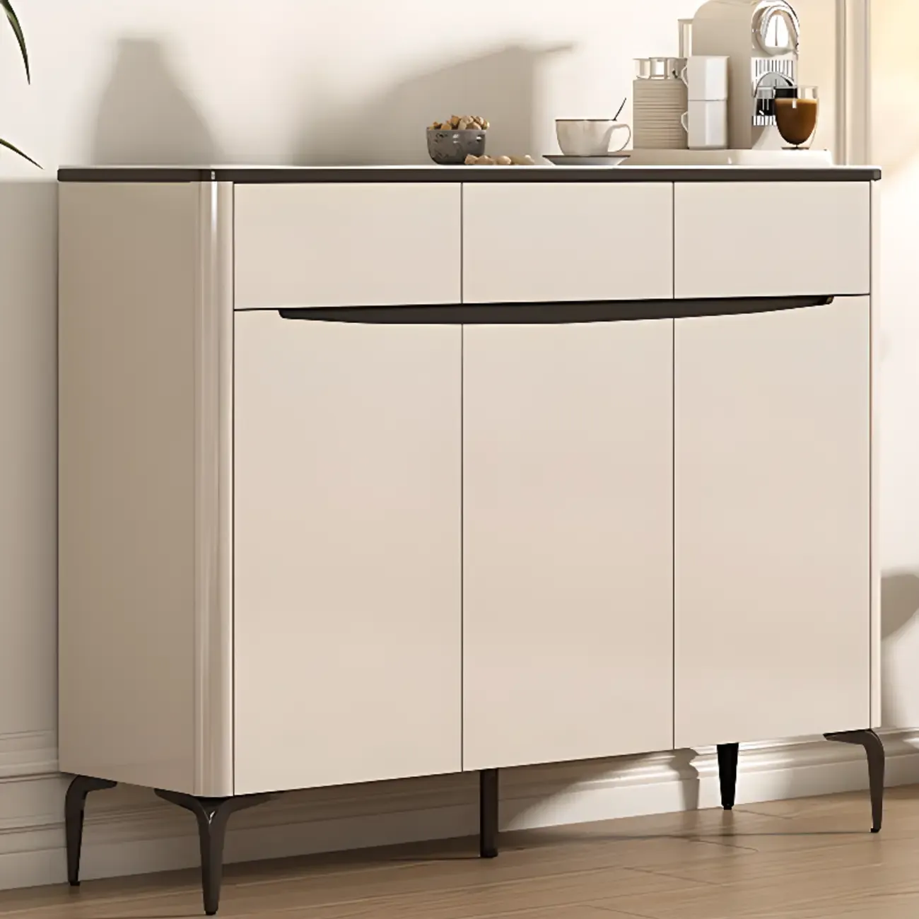 Khaki Wood Entryway Shoe Cabinet Marble Top