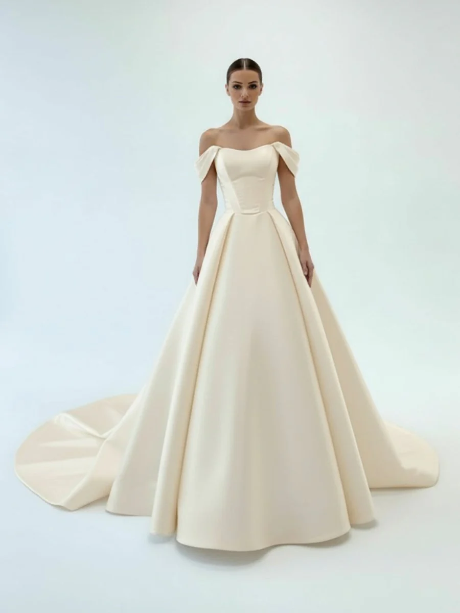 Elegant A-Line Off the Shoulder White Satin Wedding Dresses