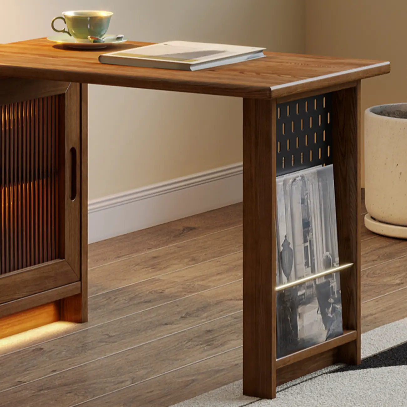 Extendable Long Brown Wood TV Stand with 2 Cabinets