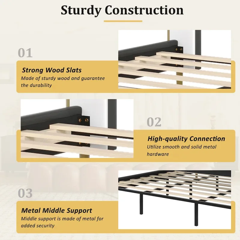 Leather Upholstered Bed with Headboard & Footboard, Solid Wood Slats & Legs