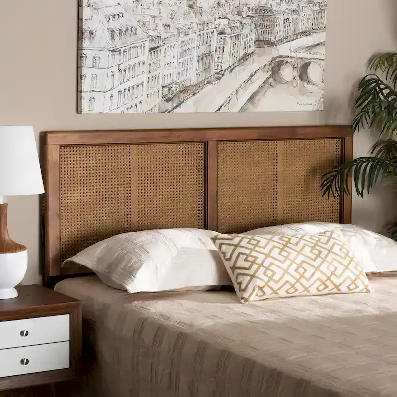 Gilbert Ash Walnut Wood and Synthetic Rattan Headboard