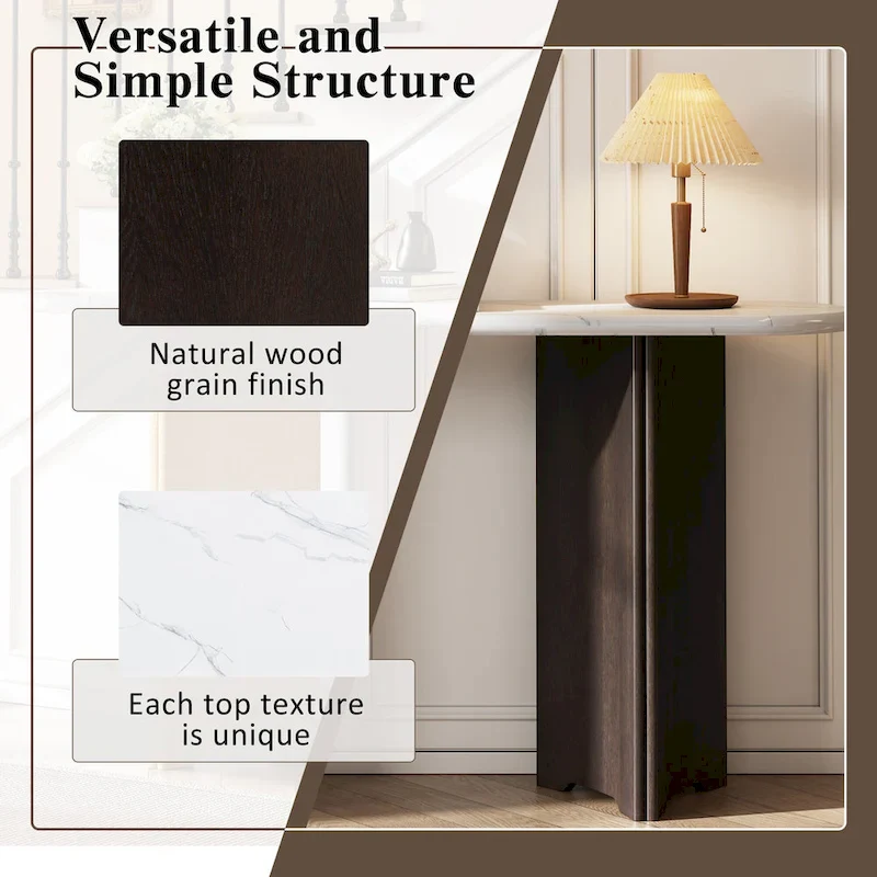 Oval Faux Marble Top Console Table Entryway Table, Narrow Sofa Table Hallway Accent Table with Triangular Base