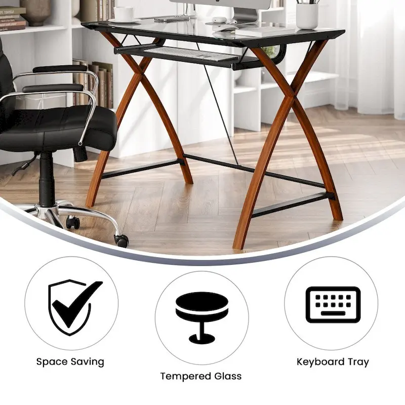Modern Glass Top Computer Desk with Pull-out Keyboard Tray
