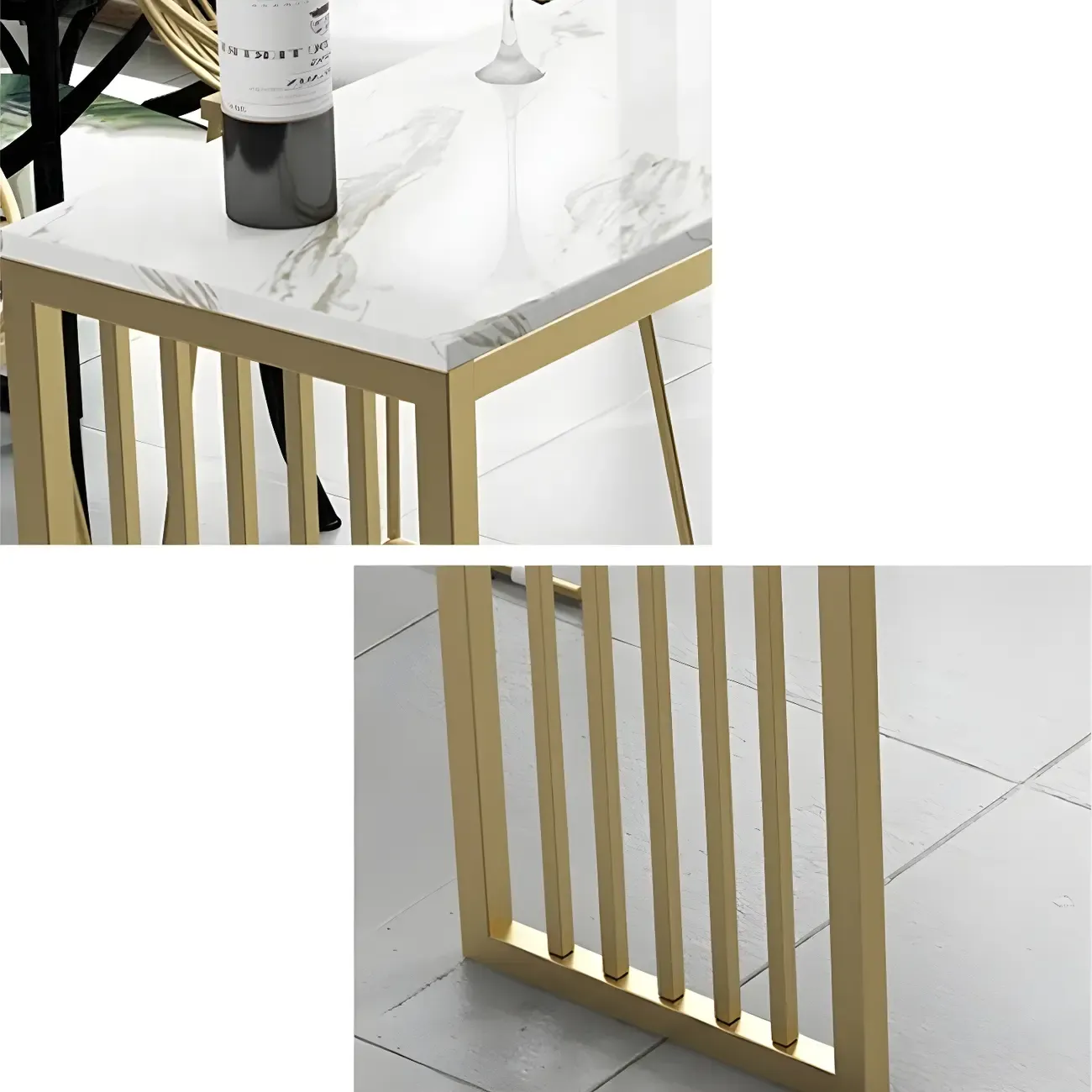 Glam White Faux Marble Gold Rail Metal Base Bar Tables