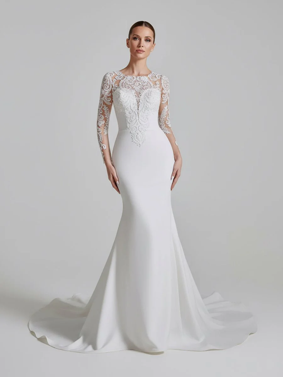 Mermaid White Lace Appliques Beaded Wedding Dress