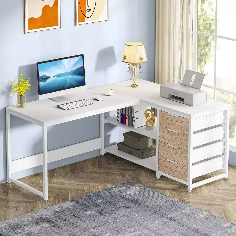 Lantine 59-Inch L-Shaped Computer Desk with Storage Drawers and Shelves, Reversible Corner Desk for Home Office, White