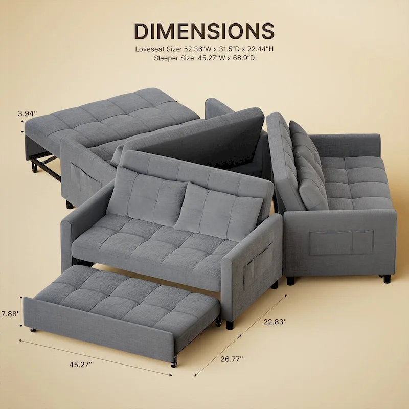 Grey Convertible Sleeper Loveseat with Pull-Out Bed