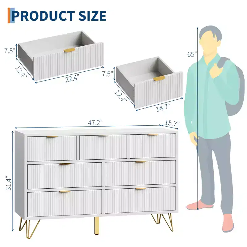 Modern 7-Drawer Dresser for Bedroom, 47-Inch Wide Wood TV Stand with Gold Metal Handles & Feet, Storage Organizer for Living Room, Entryway, Hallway