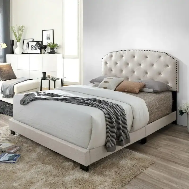Arin Beige Fabric Queen Bed with Button Tufting and Black Nail Head