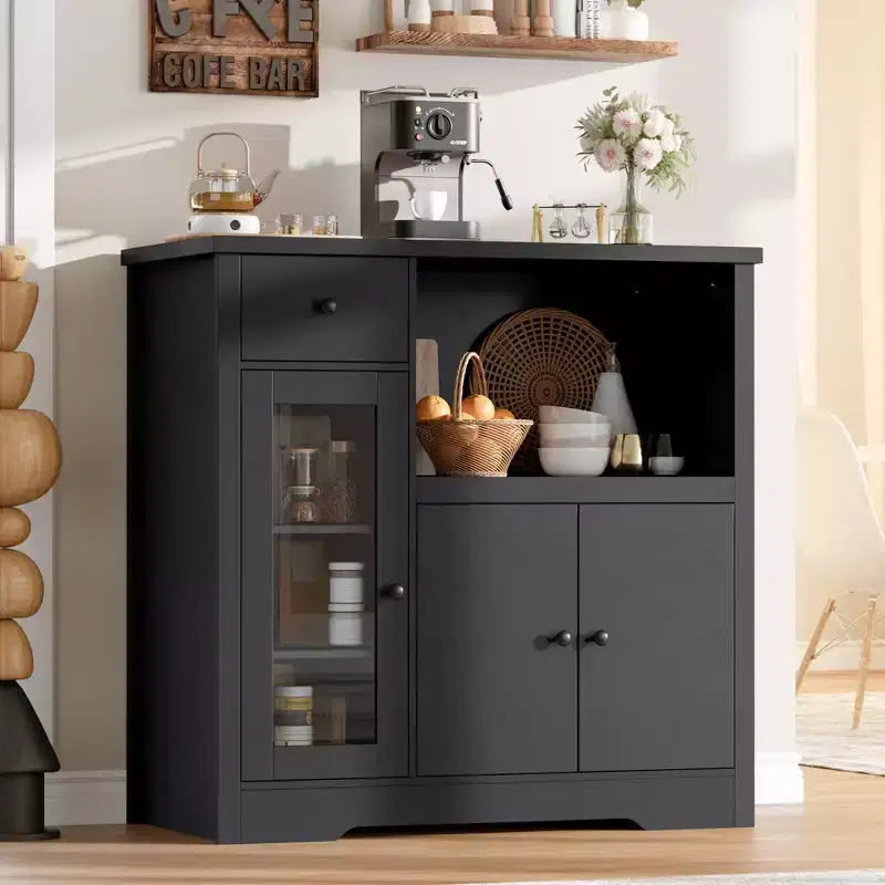 Kitchen Microwave Cabinets/Stand with 3 Doors and 1 Drawer, Buffet Cabinet Sideboard with Adjustable Shelves, Pantry Storage Cabinet for Kitchen