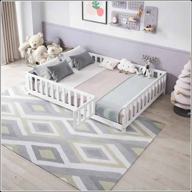 Full Size Floor Platform Bed with Fence and Door for Kids