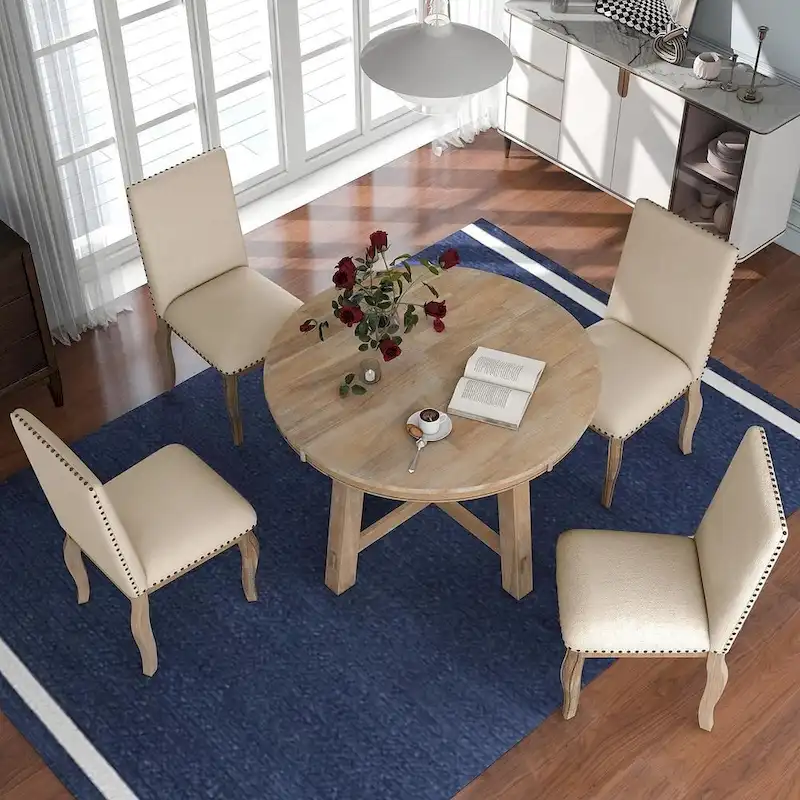 Wooden Round Drop Leaf Extendable Dining Table Set with 4 Upholstered Chairs