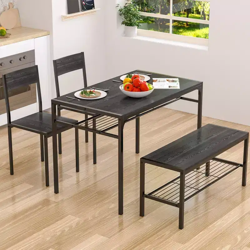 VECELO 43.3 in. Dining Table with Bench & 2 Chairs Set for 4, Modern Rectangular Metal Frame Kitchen Table for Small Space, Black/Brown