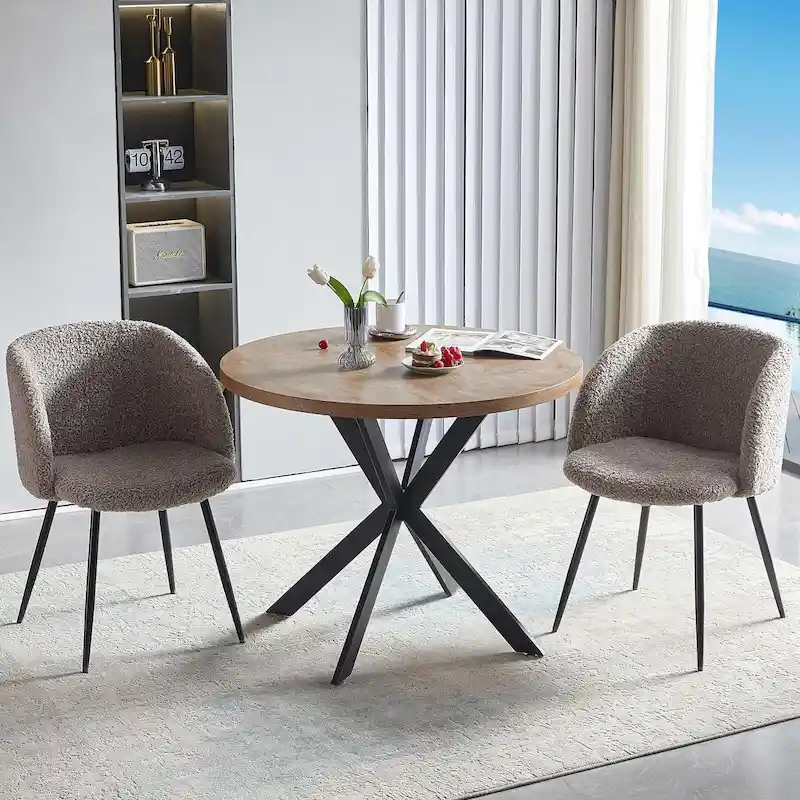 Round Dining Table Set with Sherpa Arm Chairs, Space Saving