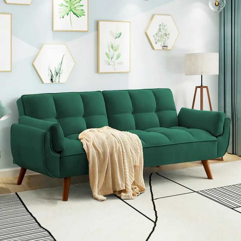 4-Color Convertible Futon Sofa Bed with Split-Back Recline & 2 Pillow Armrests for 2
