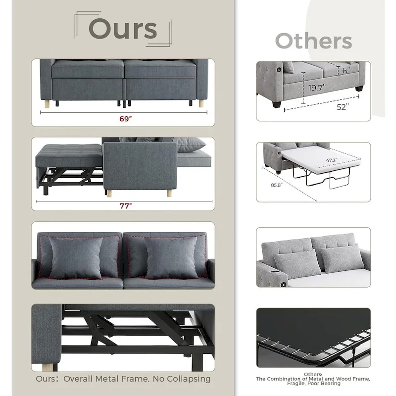 AECOJOY 3-in-1 Sofa Bed Double Sleeper Chair Bed