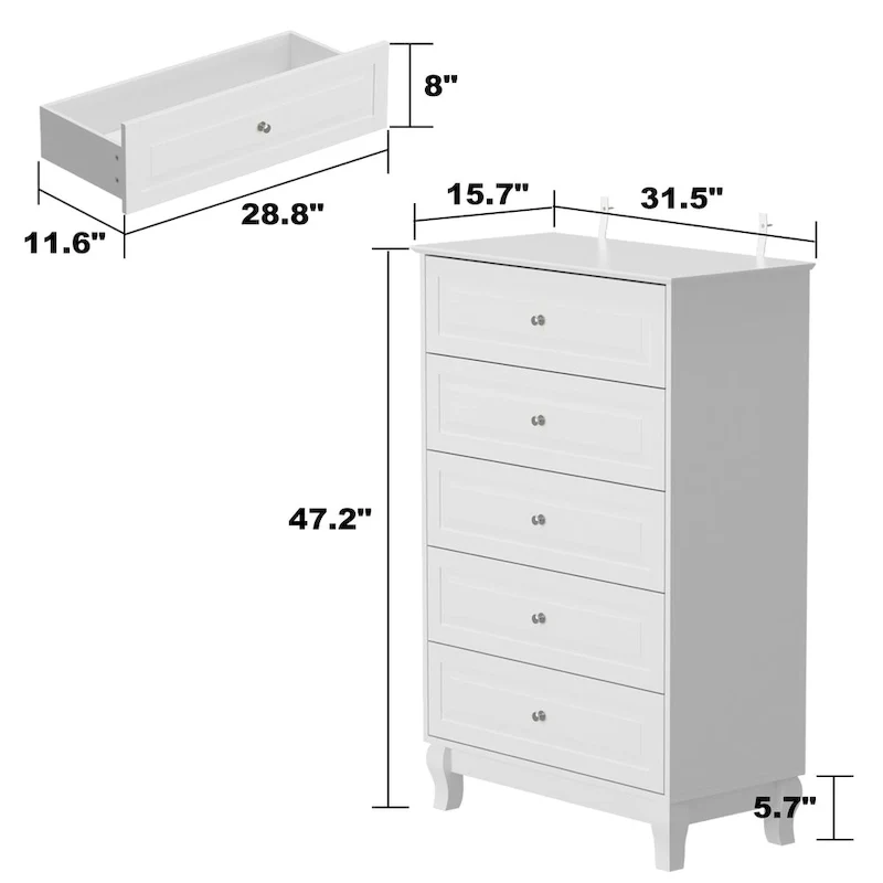 Black 5-Drawer Dresser with Wood Legs