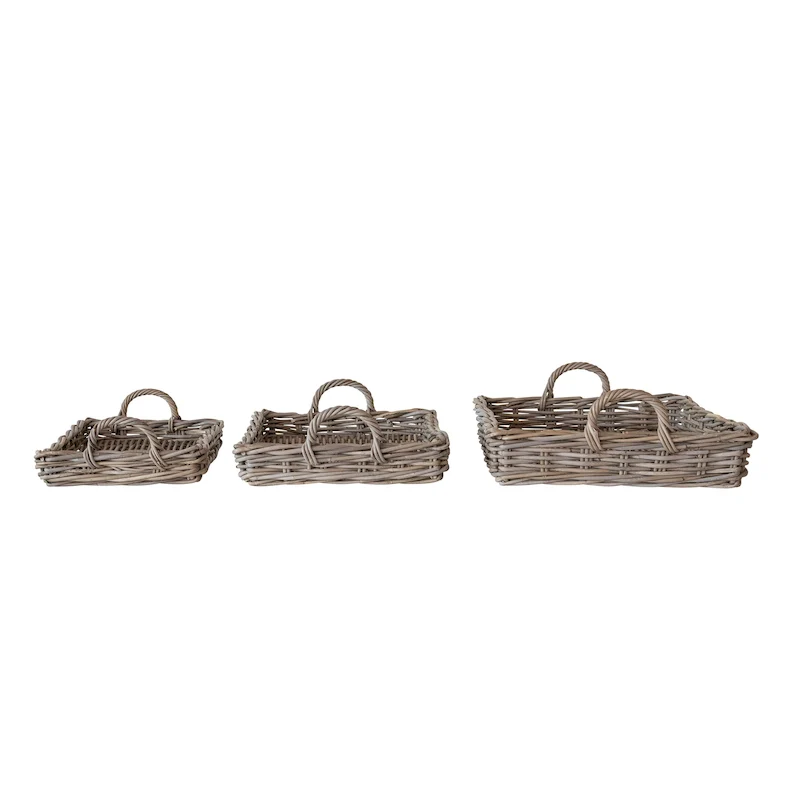 Decorative Woven Rattan Trays with Handles, Set of 3 - 24.0 L x 18.5 W x 3.9 H