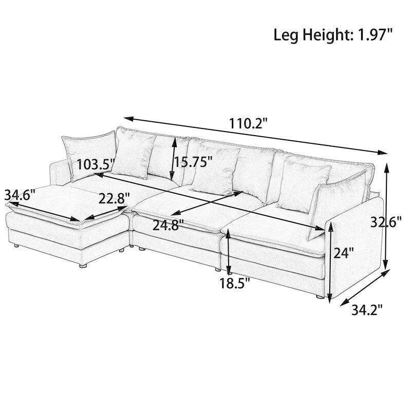 110.2  Chenille Three Seater Upholstered Sofa, Ottoman