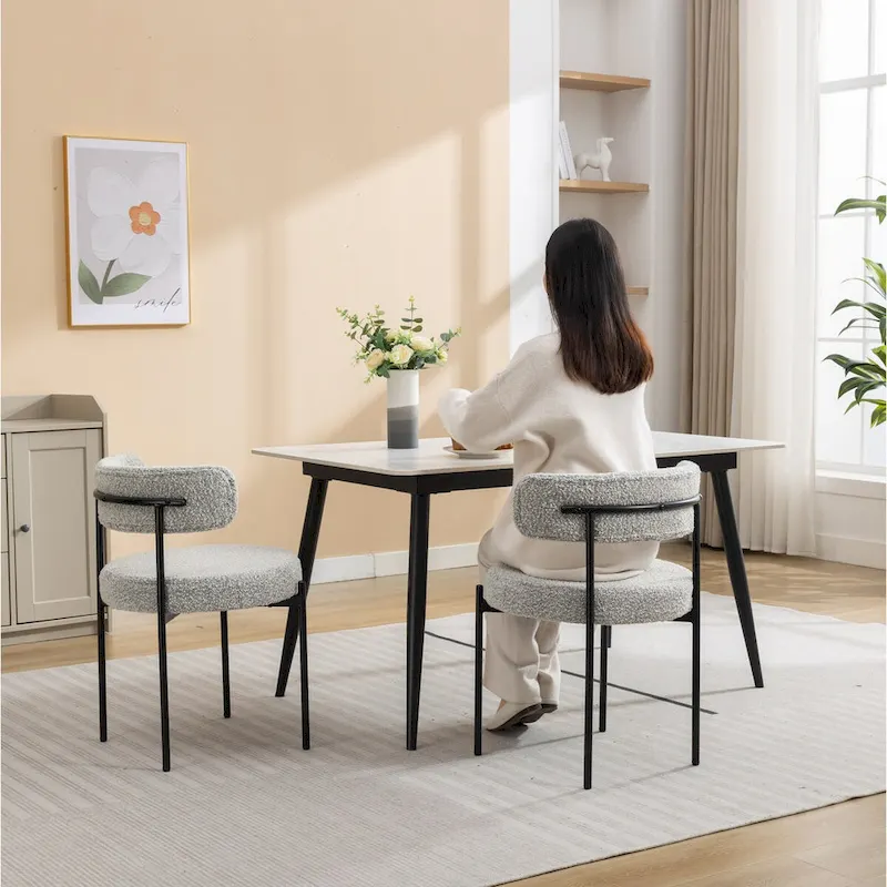 White Boucle Round Dining Chair