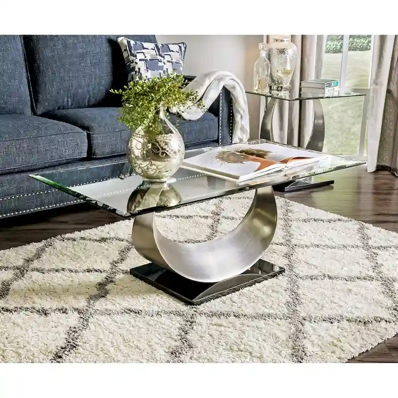 Heer Contemporary Silver 48-inch Glass Top U-shaped 2-Piece Coffee Table and End Table Set by Furniture of America