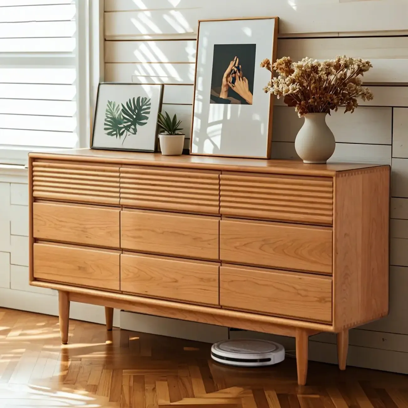 63 L Horizontal Wooden Brown Triple Dresser with 9 Drawers