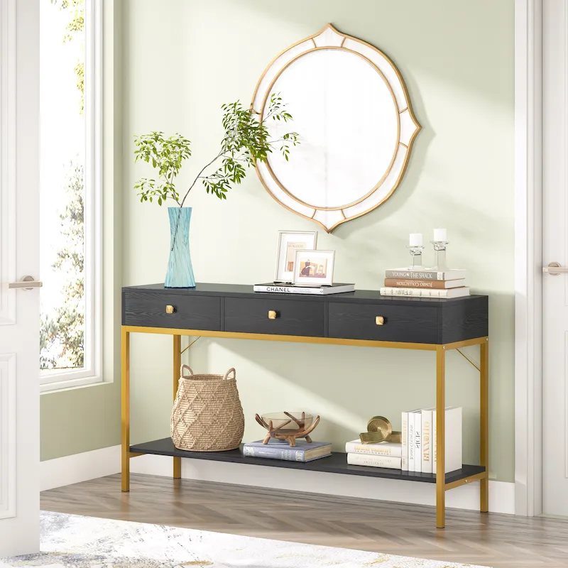 54.33 Console Table with 3 Drawers, Black Entryway Table with Storage Shelves